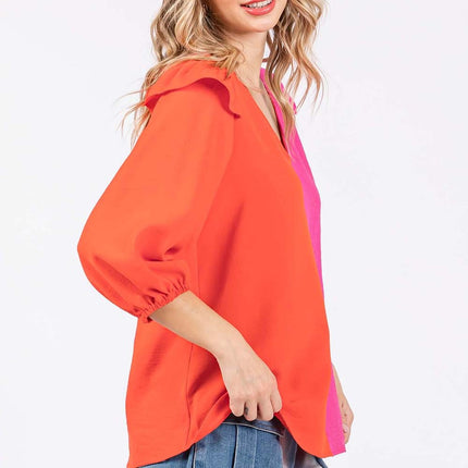 GeeGee Full Size Ruffle Trim Contrast Blouse