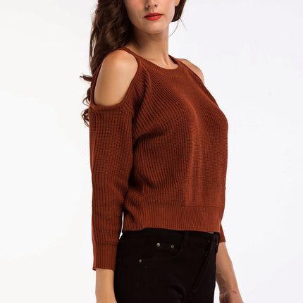 Double Take Round Neck Cold-Shoulder Ribbed Sweater