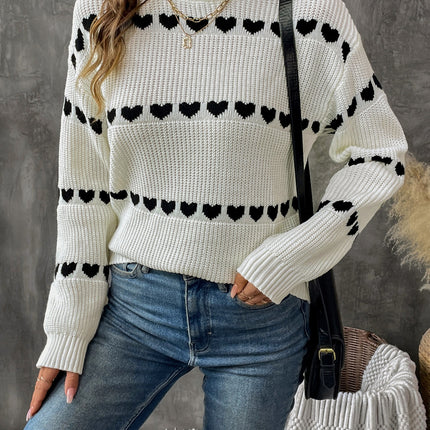 Heart Round Neck Long Sleeve Sweater