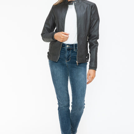 Snobbish Faux Leather Biker Jacket with Side Zip Pockets