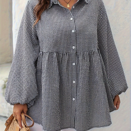 Plus Size Plaid Collared Neck Long Sleeve Shirt