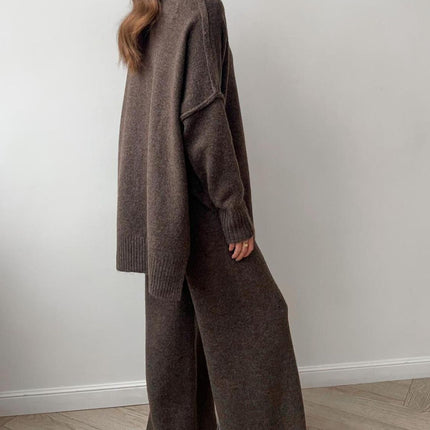 Slit Turtleneck Long Sleeve Top and Pants Sweater Set