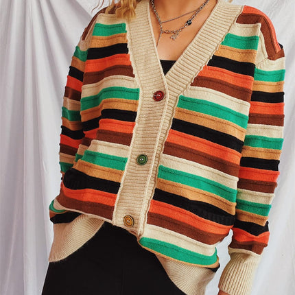 Contrast Stripes Button Up Long Sleeve Cardigan