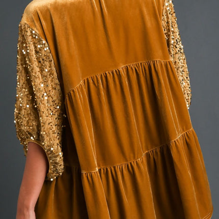 Umgee Sequin Detail Tiered Back Half Sleeve Shirt