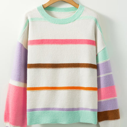 Contrast Striped Round Neck Drop Shoulder Sweater