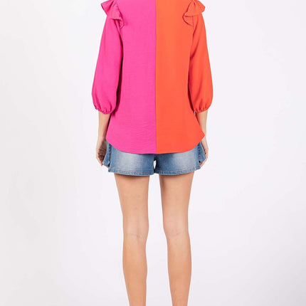 GeeGee Full Size Ruffle Trim Contrast Blouse