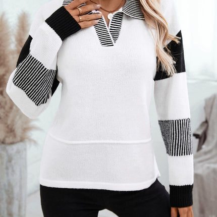 Striped Johnny Collar Drop Shoulder Sweater