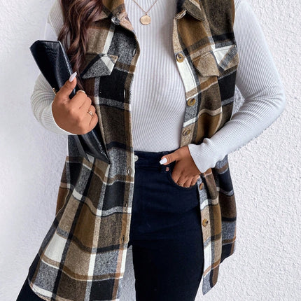 Honey Plus Size Pocketed Plaid Button Up Vest Coat - Vickie Lynn's