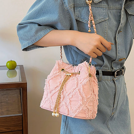 Chain Drawstring Raw Edge Denim Bucket Bag