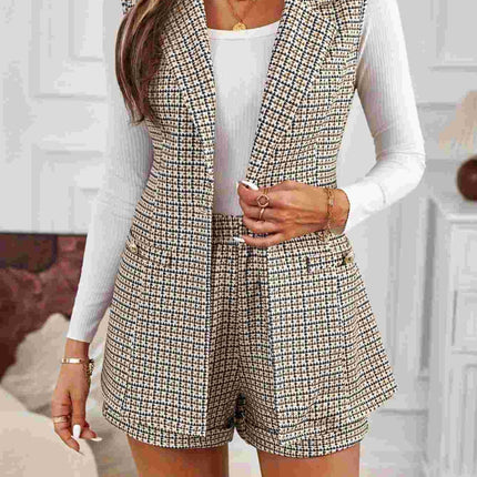 Tied Plaid Collared Neck Vest and Shorts Set