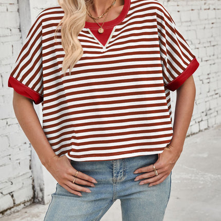 Lovelet Striped Round Neck Short Sleeve T-Shirt