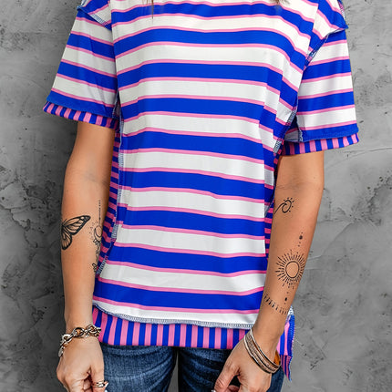 Full Size Contrast Stitching Striped Round Neck T-Shirt