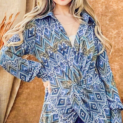 And The Why Print Twist Knot Long Sleeve Blouse