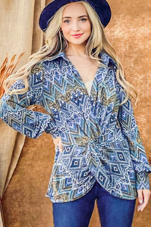 And The Why Print Twist Knot Long Sleeve Blouse