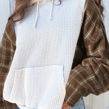 Waffle Knit Plaid Long Sleeve Kangaroo Pocket Hoodie