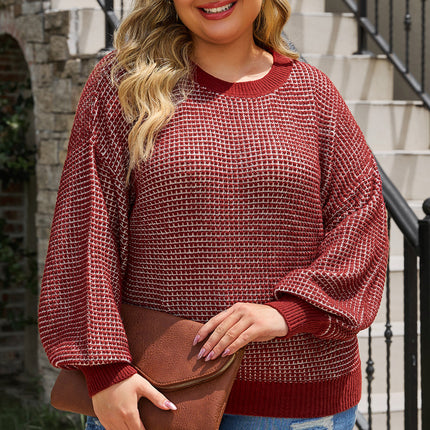 Plus Size Waffle-Knit Round Neck Dropped Shoulder Sweater