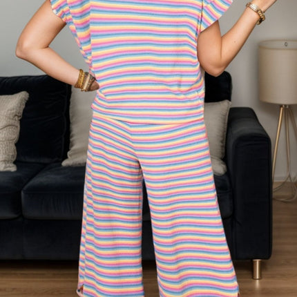 Striped Round Neck Top and Drawstring Pants Set