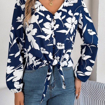 Printed V-Neck Long Sleeve Blouse