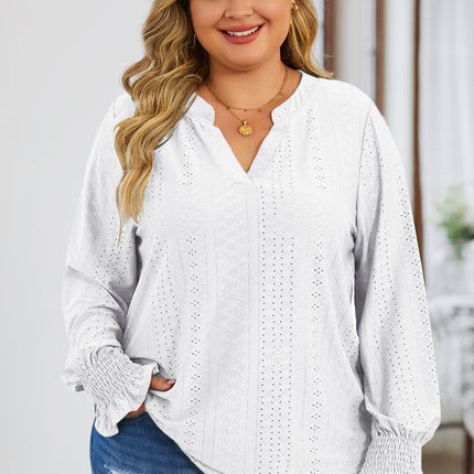 Plus Size Eyelet Notched Flounce Sleeve Blouse