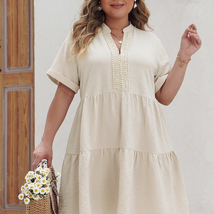 Plus Size Lace Detail Notched Short Sleeve Dress