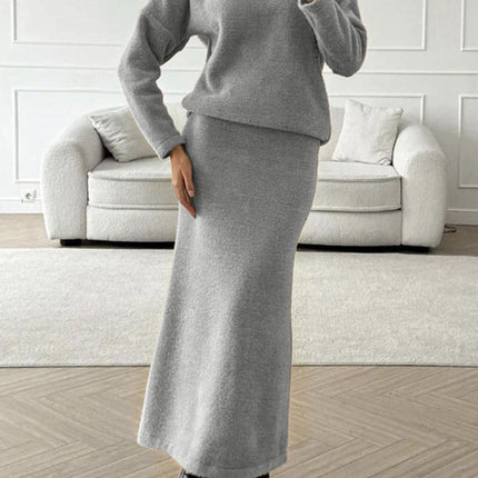 Round Neck Dropped Shoulder Top and Midi Skirt Sweater Set