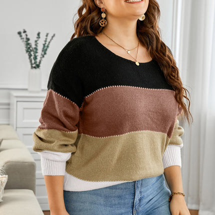 Plus Size Color Block Round Neck Sweater