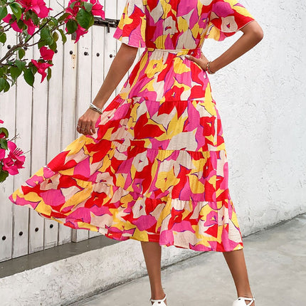 Printed V-Neck Flutter Sleeve Midi Dress