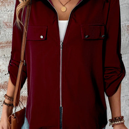 Pocketed Zip Up Collared Neck Long Sleeve Jacket