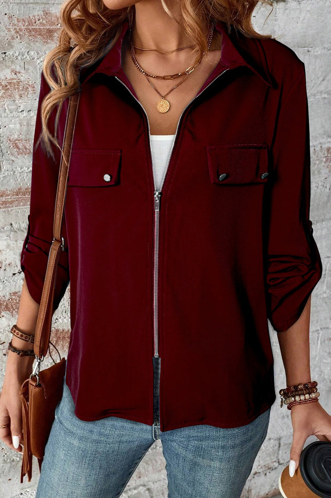 Pocketed Zip Up Collared Neck Long Sleeve Jacket - Vickie Lynn's
