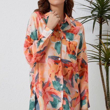 Double Take Floral Long Sleeve Slit Longline Shirt