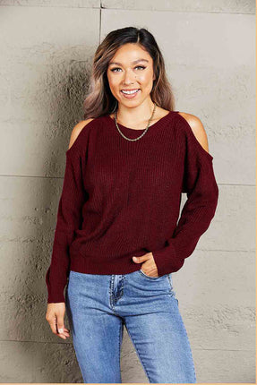 Double Take Round Neck Cold-Shoulder Ribbed Sweater