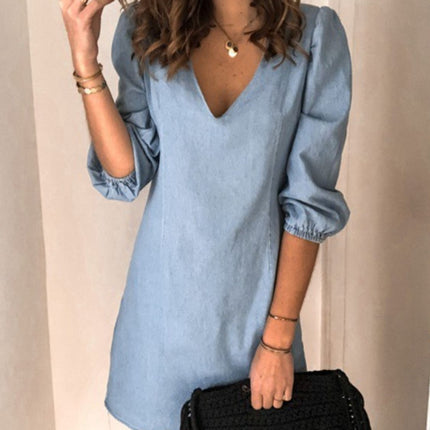 Full Size V-Neck Half Sleeve Denim Dress - Vickie Lynn's