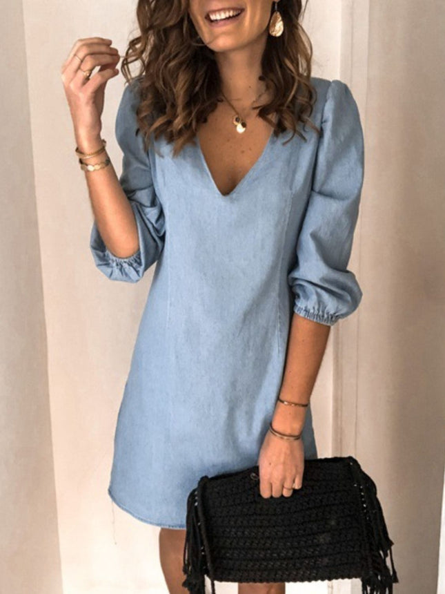 Full Size V-Neck Half Sleeve Denim Dress - Vickie Lynn's