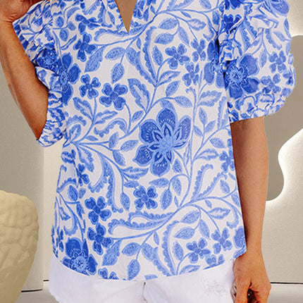 Printed Notched Half Sleeve Blouse