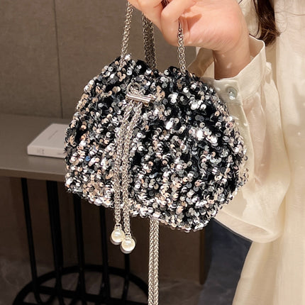 Sequin Chain Drawstring Bucket Bag