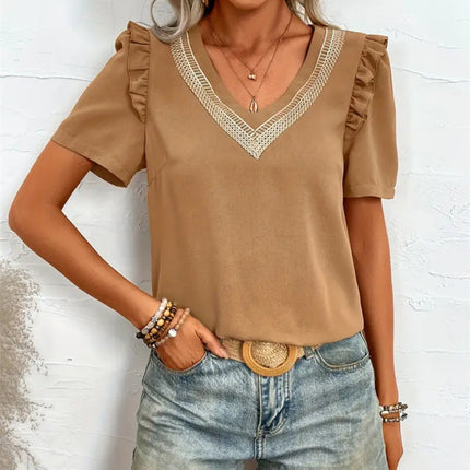 Ruffled V-Neck Short Sleeve Blouse