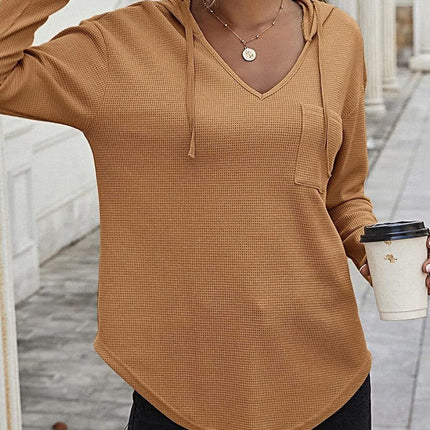 Drawstring Waffle Knit Long Sleeve Hooded Top