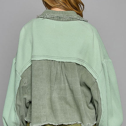 POL Waffle Knit Raw Hem Contrast Button Up Jacket