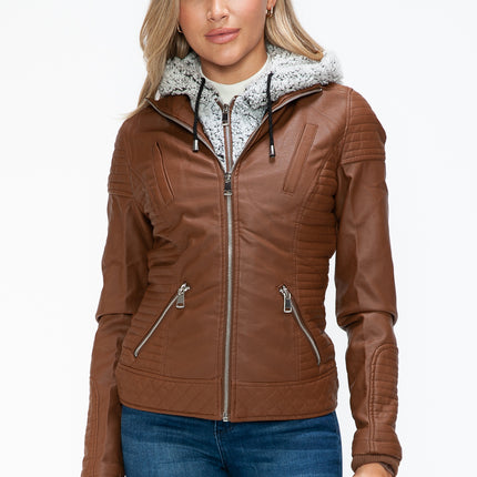 YMI Faux Layered Double-Zipper Jacket with Fuzzy Hood