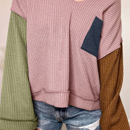 Color Block Textured Notched Long Sleeve Top