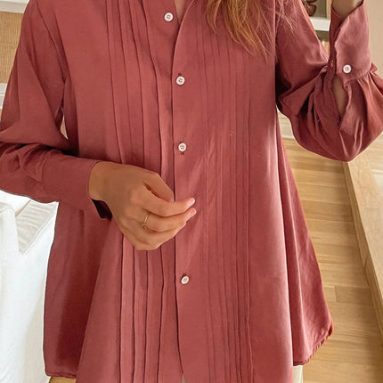 Perfee Ruched Collared Neck Long Sleeve Shirt