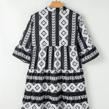 Tiered Printed Notched Half Sleeve Dress