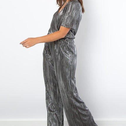 Be Stage Surplice Short Sleeve Pleated Foil Jumpsuit