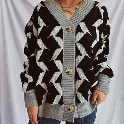 Contrast Trim Geometric V-Neck Long Sleeve Cardigan