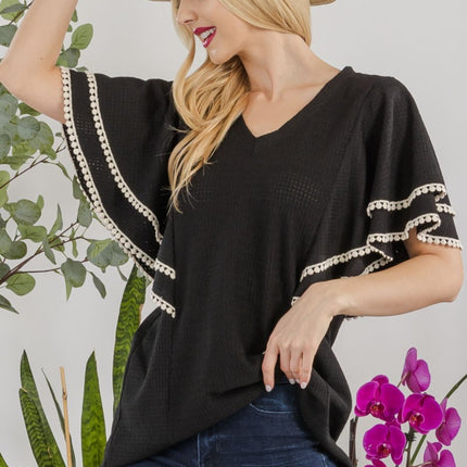 Celeste Full Size V-Neck Lace Trim Flutter Sleeve Top