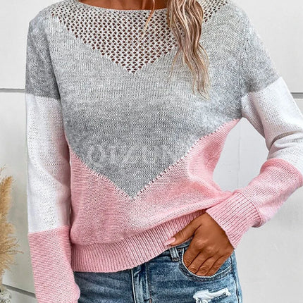 Openwork Contrast Round Neck Long Sleeve Knit Top