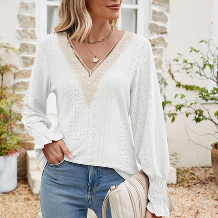 Eyelet V-Neck Smocked Flounce Sleeve Blouse