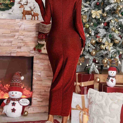 Slit Ruched Mock Neck Long Sleeve Dress