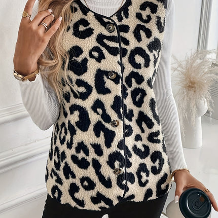 Leopard Button Up Sherpa Vest