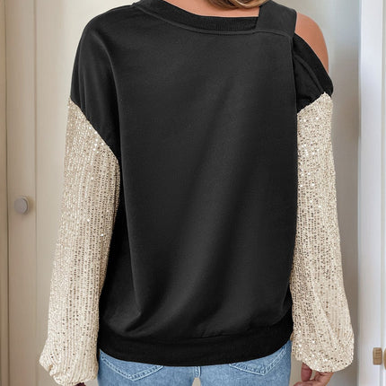 Perfee Sequin Asymmetrical Neck Long Sleeve Sweatshirt